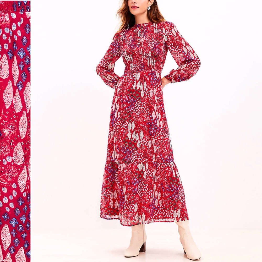 LOFT Ann Taylor Chiffon Maxi Dress Tiered Smocked Bodice Red Floral Print Lined